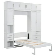 EUROCO Wood Murphy Bed, Storage Wall Bed with Cabinets and Drawers, Clever Furniture Set with Wardrobe for Living Room, Assemble Video Provided, Twin
