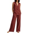 thumbnail image 4 of Cagogo Women's 2 Piece V Neck Sleeveless Shirt Wide Leg Pants Set Casual Solid Boho Vacation Outfits Loose Two Piece Lounge Matching Sets Tracksuits Travel Resort Wear Clothes, Wine L, 4 of 9