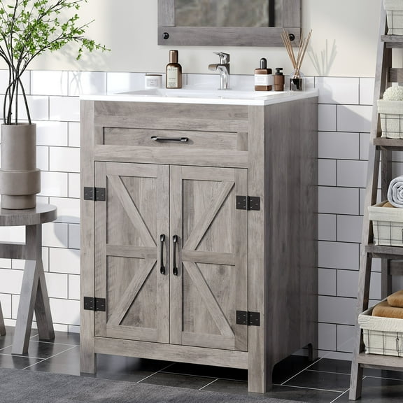 Ktaxon Farmhouse 24'' Bathroom Vanity Set with Sink Ceramic Top, Washed Grey (Split Two Packages for Delivery)