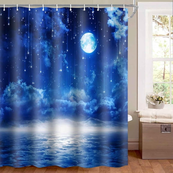 Moon Shower Curtain Blue Night Sky Star Full Moon and Foggy Clouds Landscape Shower Curtains 60x72Inch Polyester Moonlight Space Bath Curtain with 12 Hooks