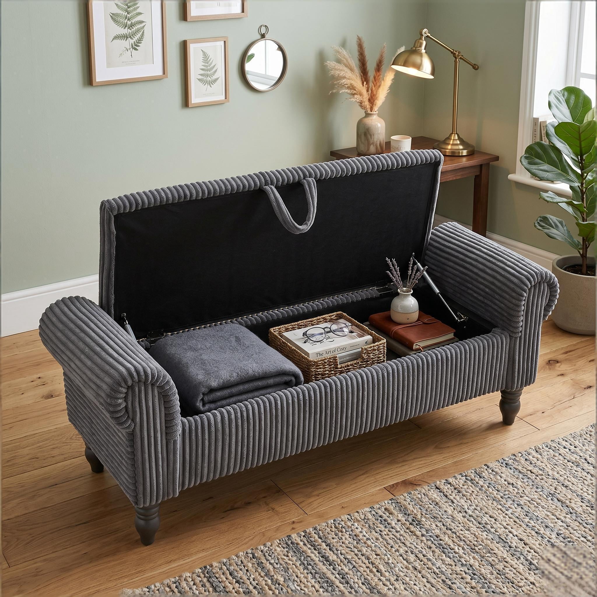 51.5" Corduroy Storage Ottoman Bench, Upholstered End of Bed Bench for Bedroom Living Room Entryway Window Seat（Dark Grey）