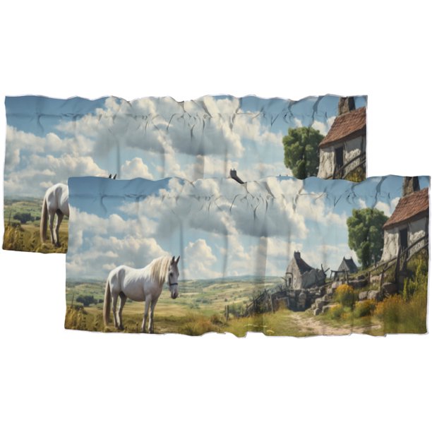 Cortinas con cenefa de cocina con diseño de caballo de granja, estilo rústico de madera, hojas verdes, estilo western country, para sala de estar, baño, dormitorio, cocina, 54 x 18 pulgadas, 2 paneles