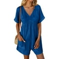 thumbnail image 4 of Lenpel Romper for Women Summer V Neck Short Sleeve Wide Leg Ruched Casual Jumpsuits Loose Overall Shorts with Pockets, 4 of 7