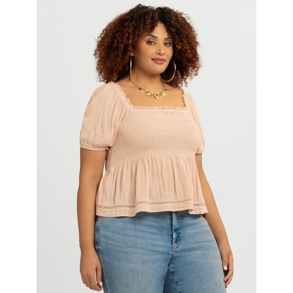 Jessica Simpson Women's and Women's Plus Waverly Cotton Smocked Blouse, Sizes XS-4X