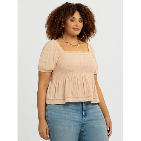 Jessica Simpson Women's and Women's Plus Waverly Cotton Smocked Blouse, Sizes XS-4X
