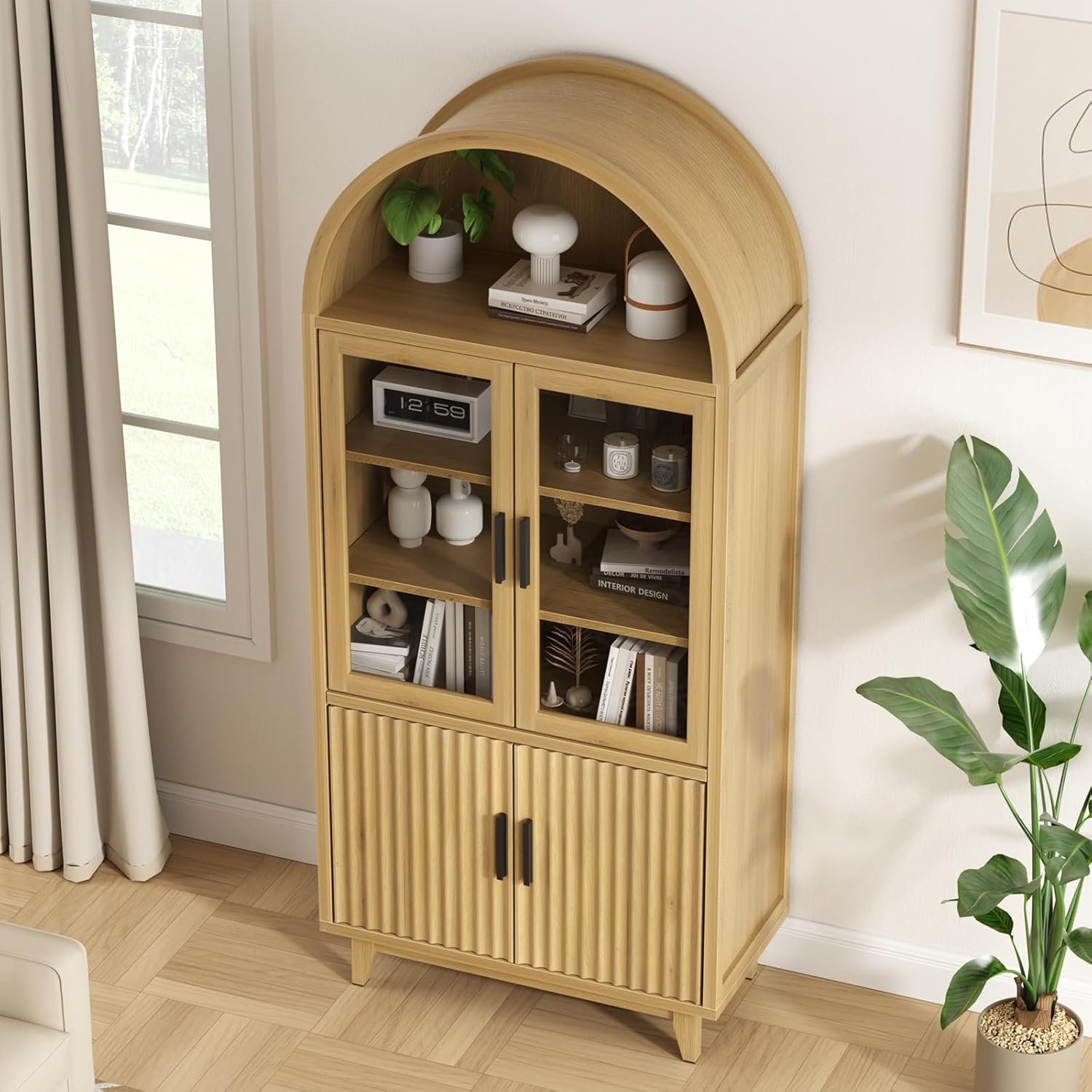 Vabches Arched Kitchen Pantry Storage Cabinet, 71" Tall Fluted Cabinet with 2 Glass Doors, 2 Doors for Kitchen, Living Room, Bedroom