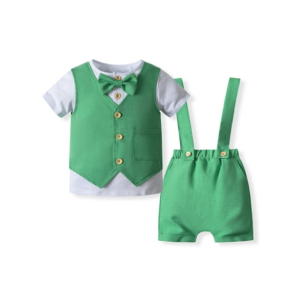 EYIIYE Infant Baby Boy Gentleman Set Newborn 3M 6M 12M 18M Short Sleeve Shirt Crew Neck T-Shirt Button Tops with Suspender Shorts and Waistcoat Outfits for Formal Party Wedding