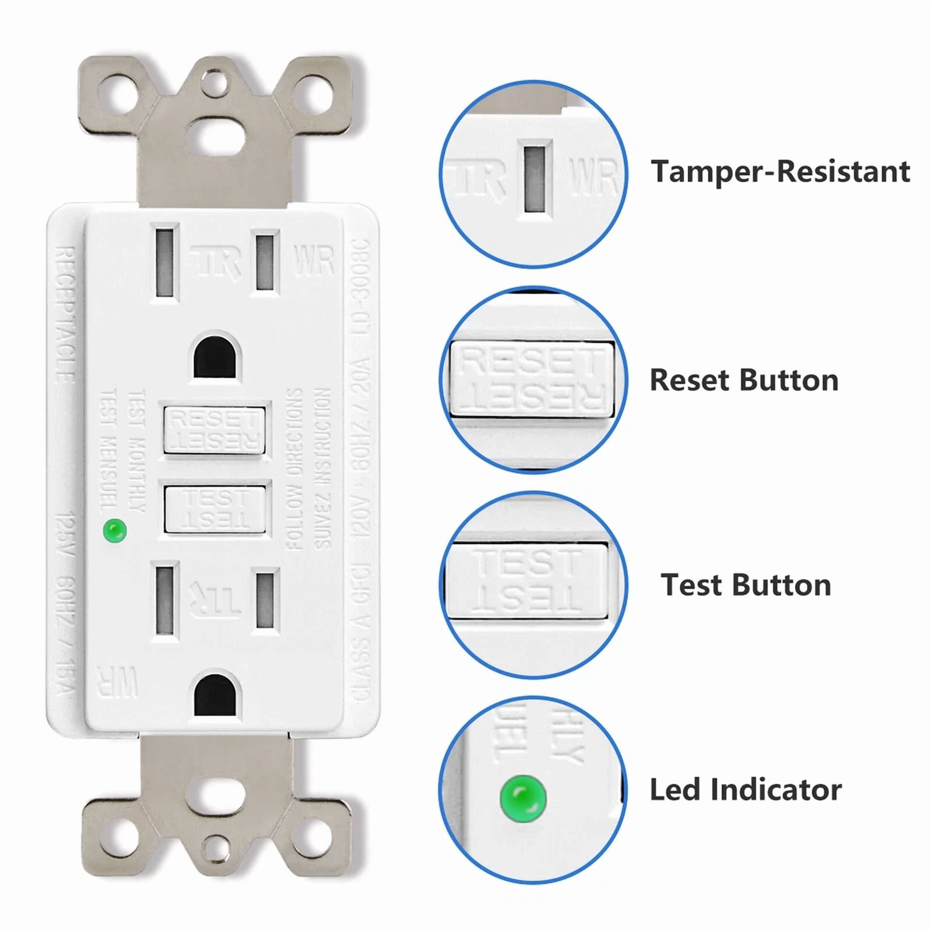 CIRCLE- 15A Weather Resistant Gfci Outlet, Tr Gfi Receptacle Led Indicator Etl 1Pack