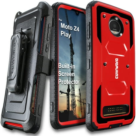 Moto Z4 / Z4 Play Case COVRWARE Aegis Series Full Body Protection Case Armor Hard Cover with BUILT-IN SCREEN PROTECTOR KICKSTAND Red