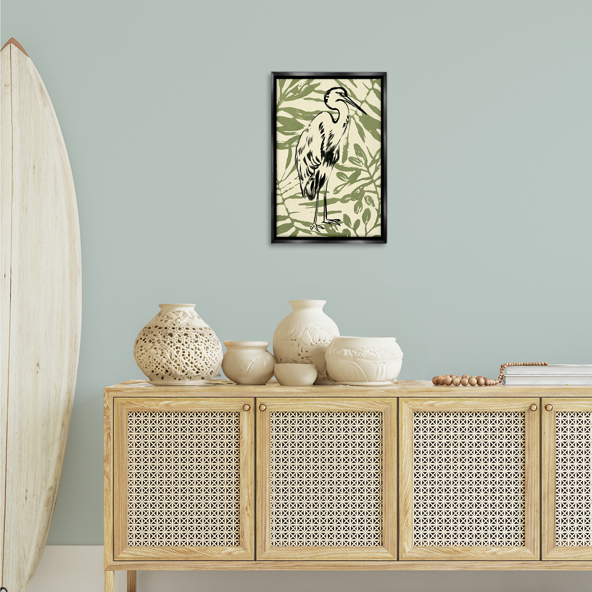 Stupell Industries Heron & Leaf Pattern Animals & Insects Painting Black Floater Framed Canvas Art Print Wall Art, 17 x 25