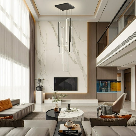 Ganeed Modern Long Chandeliers Pendant Light, Rectangular Lamp, Hanging Flush Mount Lighting Fixtures for Staircase,Foyer,Entryway,Living Room,Black (6 Lights)