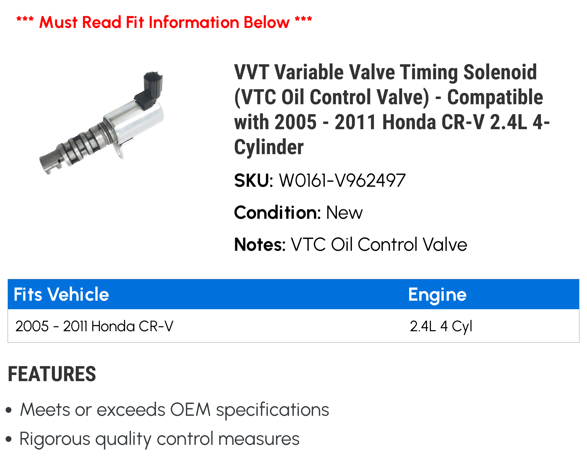 VVT Variable Valve Timing Solenoid (VTC Control Valve) - Compatible with 2005 - 2011 Honda CR-V 2.4L 4-Cylinder 2006 2007 2008 2009 2010