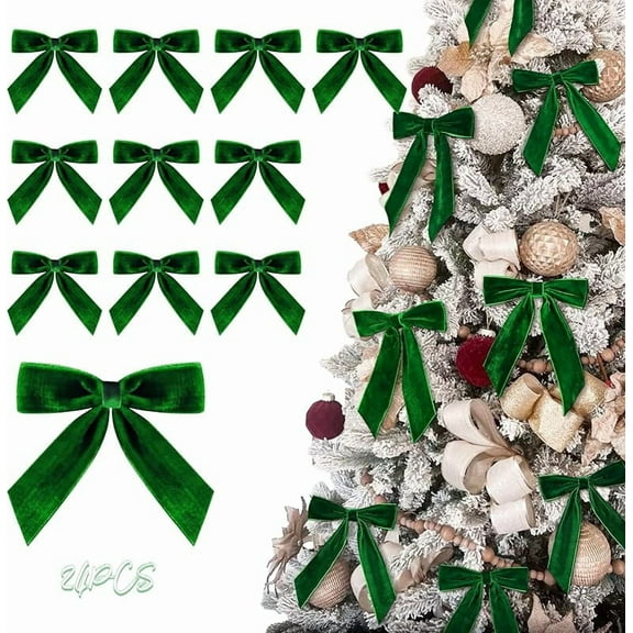 Christmas Decorations - Christmas Bows - 24 Pcs 7 x 6 inch Medium Green Velvet Bows for Christmas Tree - Xmas Ribbon Ornaments - Home Decor for Wreath Garland Gift Wrapping Crafts Wedding Party