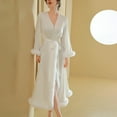 thumbnail image 4 of Arlun Valentine's Day Satin Robes for Women Sheer Long Sleeve Fuzzy Trim Kimono Robe Fashion Lightweight Comfy Long Wrap Nightgown Bathrobe Pajamas Sleepwear White XL, 4 of 8