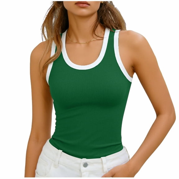 cocolona Summer Tank Tops for Women Crew Neck Sleeveless Ribbed Fitted Shirts Casual Patchwork Blouses