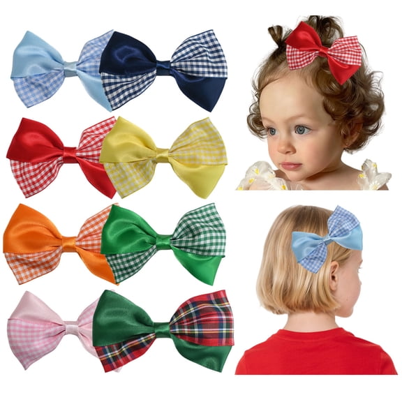 JoyBowie 8 pack 3.5 inch gingham mix hair bows, two tone satin grosgrain ribbon baby bows with clips for girls toddlers