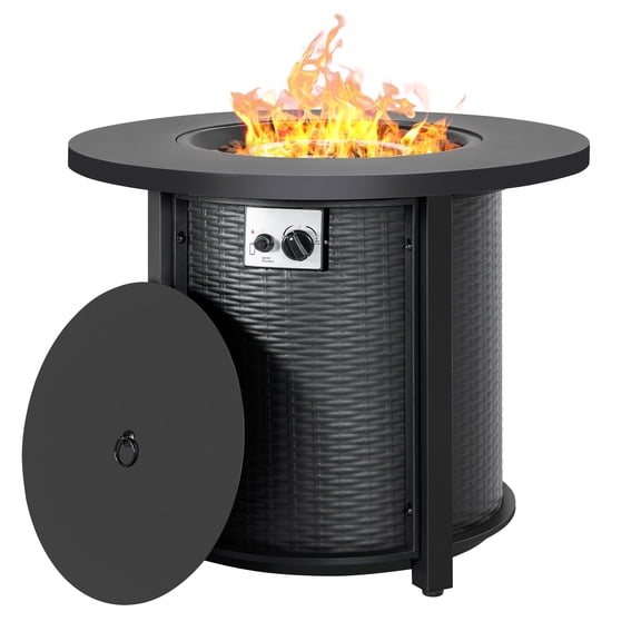 Nuu Garden Outdoor Metal 30'' Round Propane Fire Pit Table with Rattan Embossed Pattern, 50000 BTU CSA-Certified 2 in 1 Round Gas Fire Pit Table with Lid & Lava Rocks, Patio Round Gas Fire Pit, Black