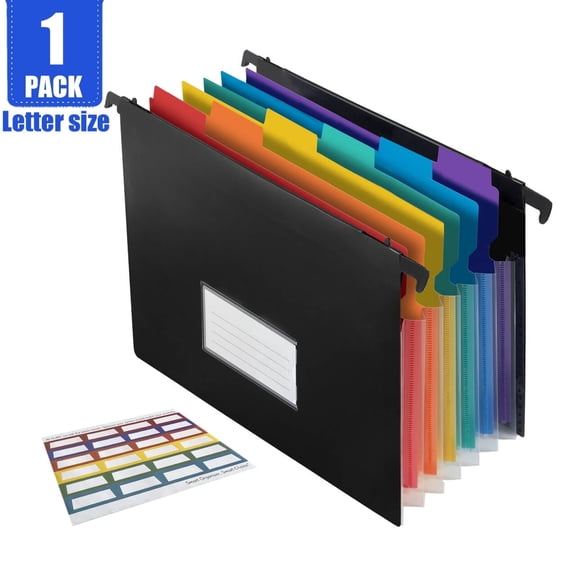 TOSYOFFI Plastic Expanding Hanging File Folders with Retractable Hook, 7 Innovative 1.2" Accordion Pockets, Large Capacity, Multi-Color Tabs, Letter Size for File Cabinet - 1-Pack