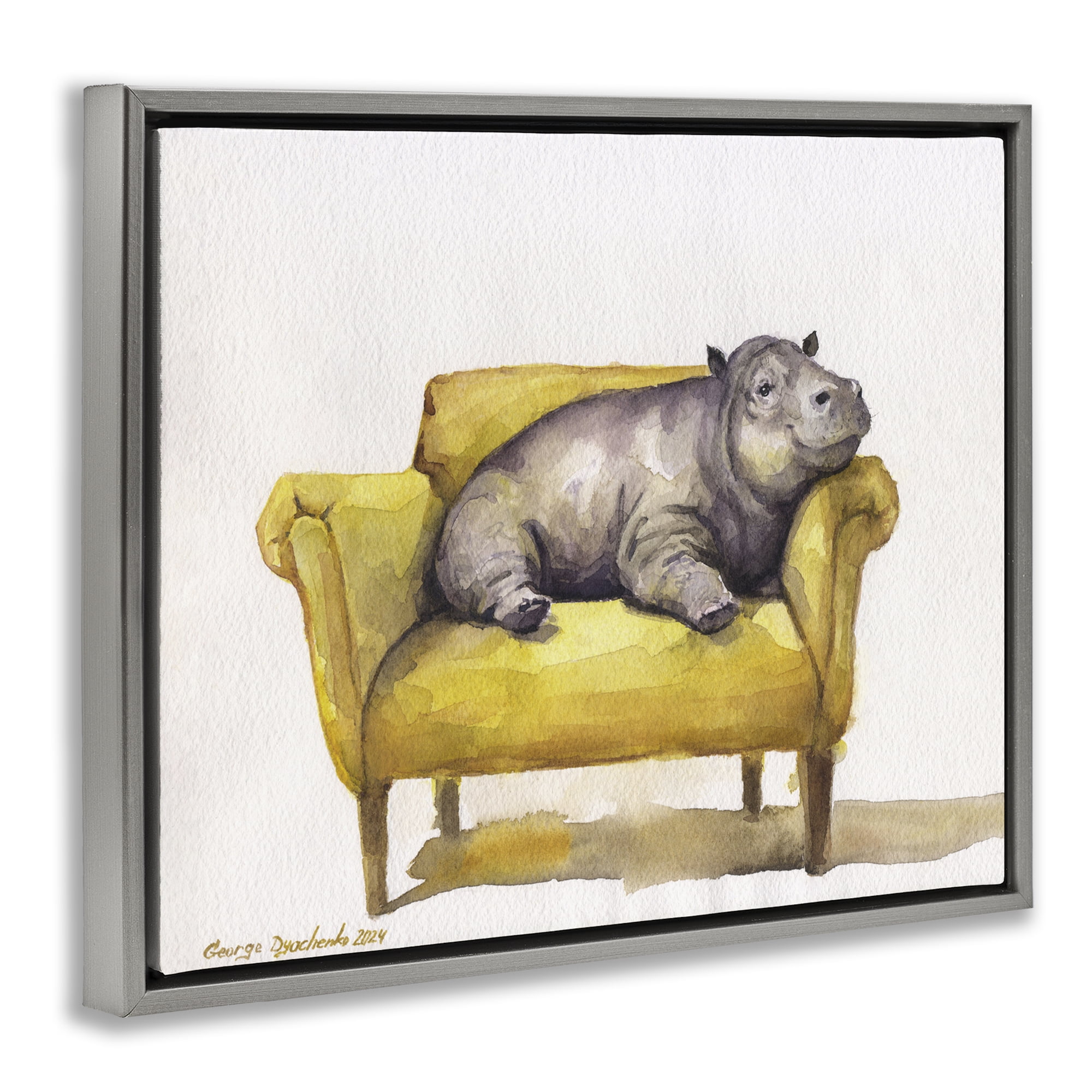 Stupell Industries Hippo on Yellow Chair Animals Painting Gray Floater Framed Canvas Art Print Wall Art, 21 x 17