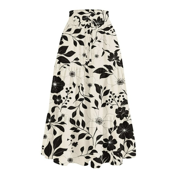 WTOBBY Women's Casual Floral Print Drawstring Skirt Elastic Waist Maxi Skirt Lightweight Summer Beach Skirt Flowy Tiered Boho Long Skirt with Waist Tie Detail,Beige L