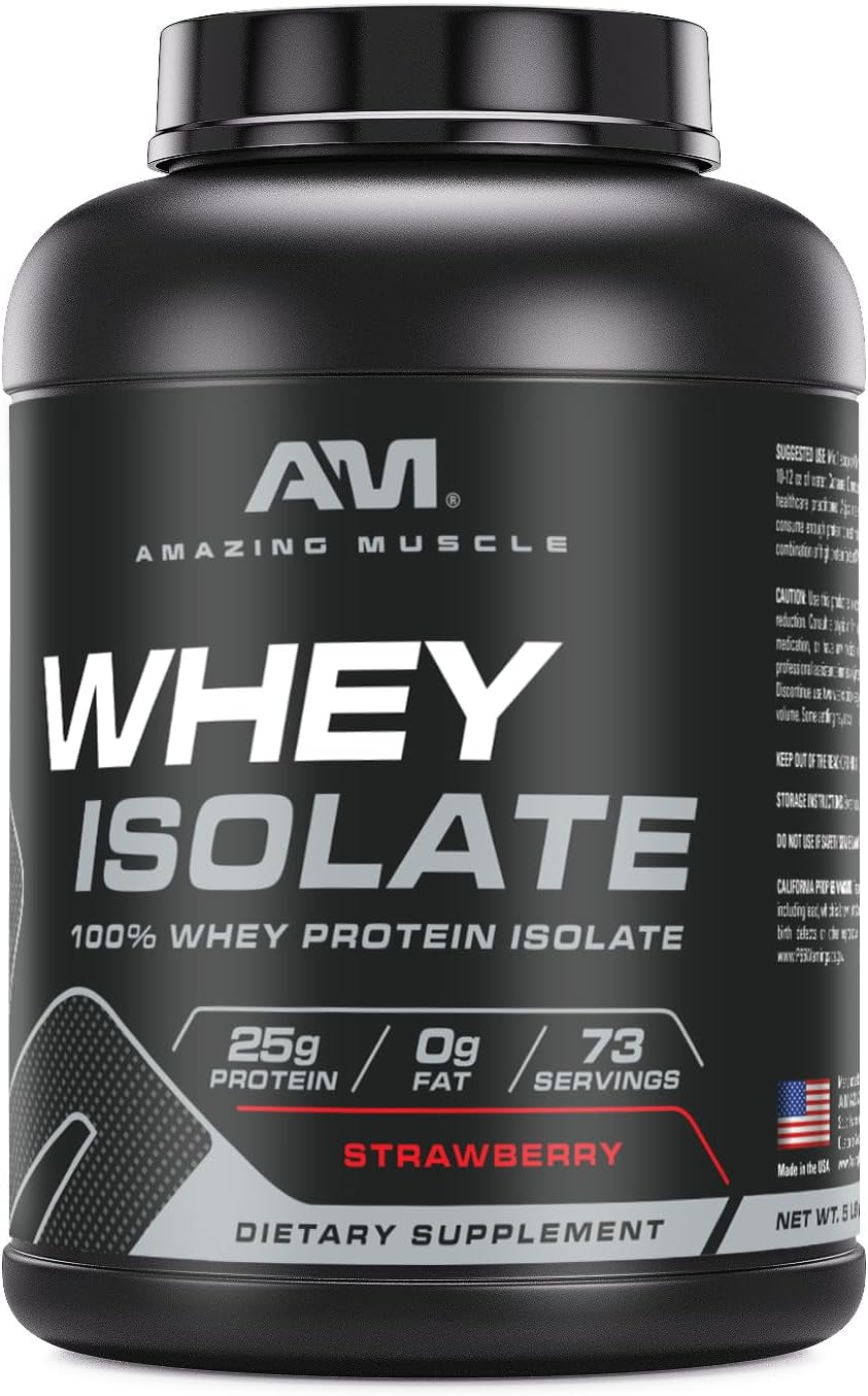 Amazing Muscle Whey Protein Isolate Powder 5 Lbs Strawberry Flavor | 25 Grams Protein Per Serving | 73 Servings Supplement | 100% Whey Isolate | Made in USA