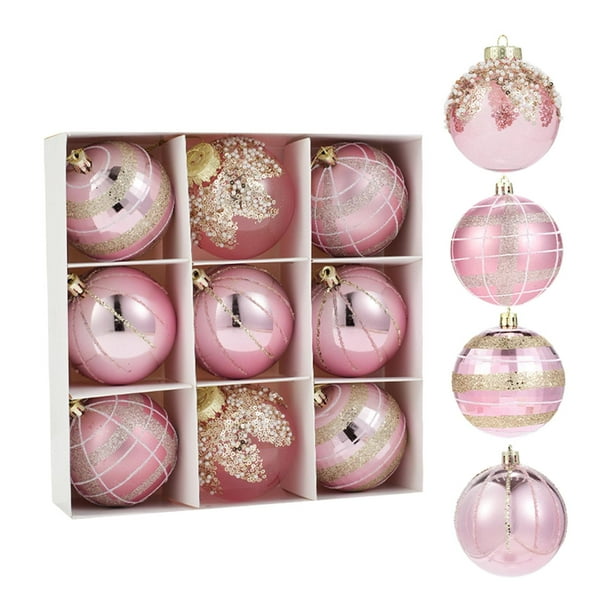9 adornos navideños de bolas brillantes, decoración colgante navideña surtida de 7,6 cm (3 pulgadas), irrompibles para jardín, , conciertos de Rosa