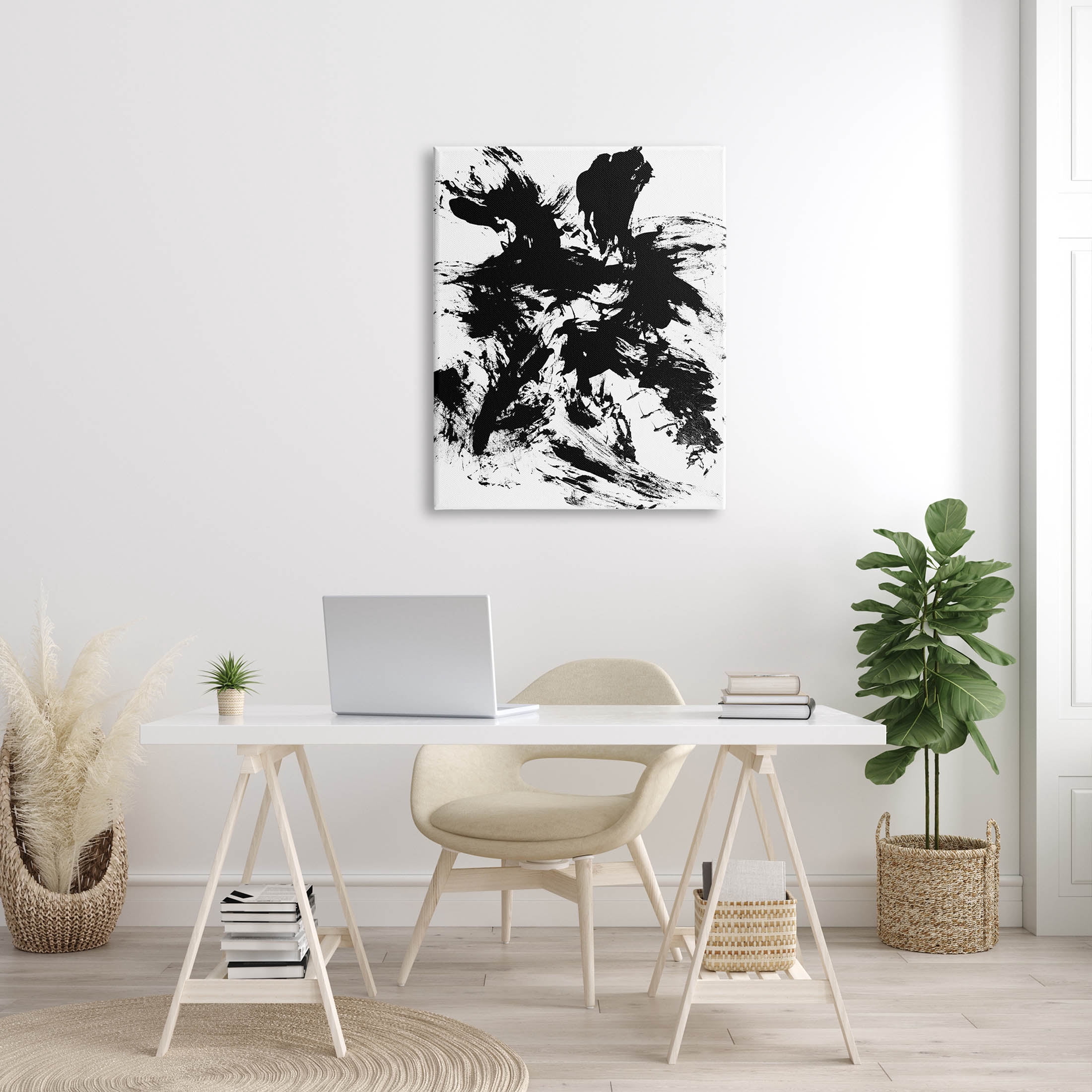 Contemporary Black Ink Strokes Abstract Graphic Art Gallery Wrapped Canvas Print Wall Art