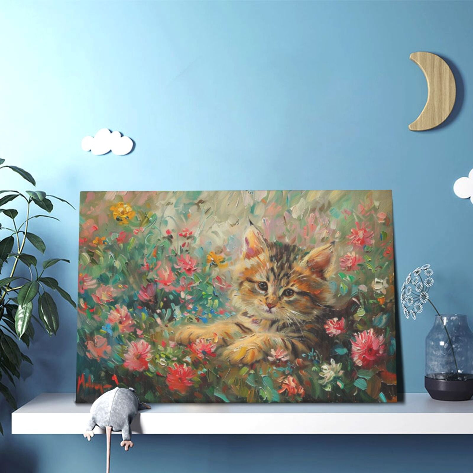 12x18 inch Cats In The Flowers Frameless Canvas Painting Prints,Garden,Bedroom,Study,Children'S Room Wall Art Decor Poster,Vintage Cats In The Flowers Art Decor Paintings,Gift For Cat Lovers