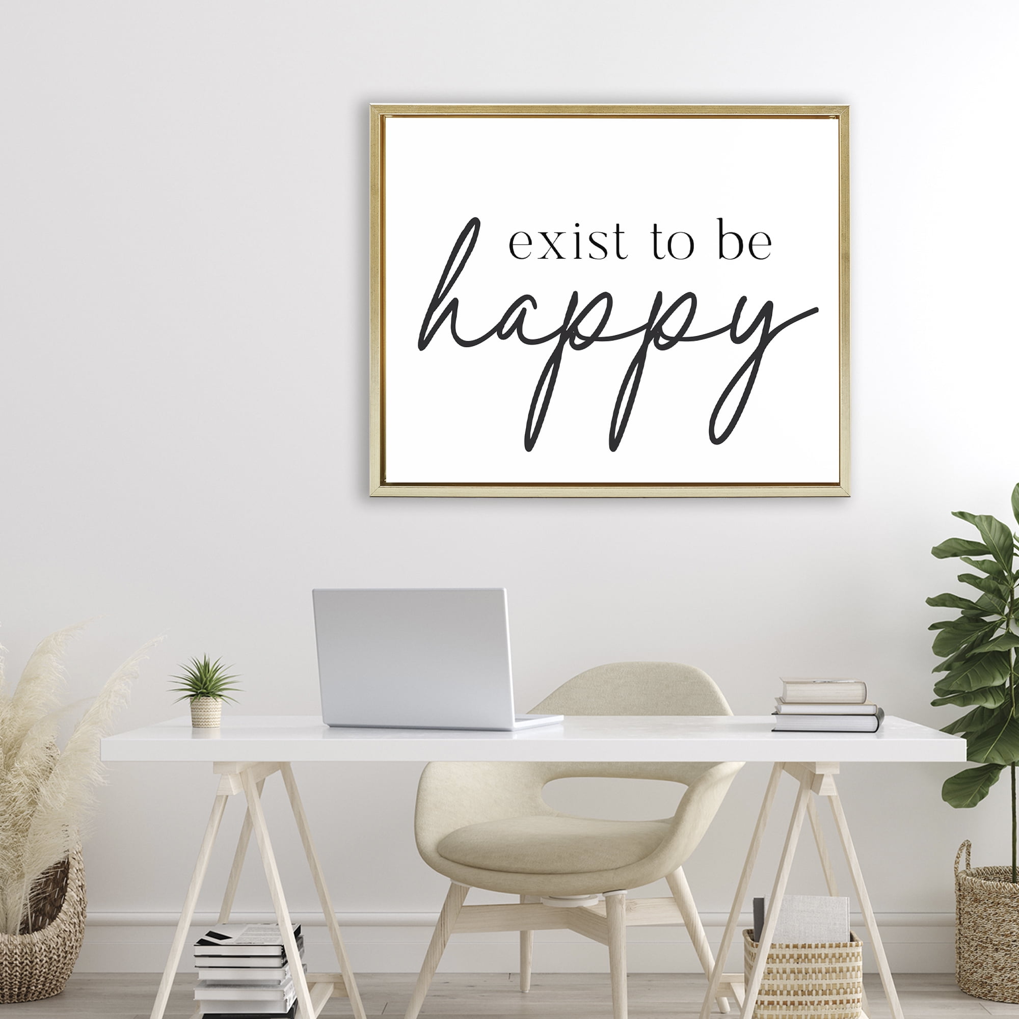 Exist To Be Happy Gold Framed Floater Canvas Wall Art, design by Lettered and Lined