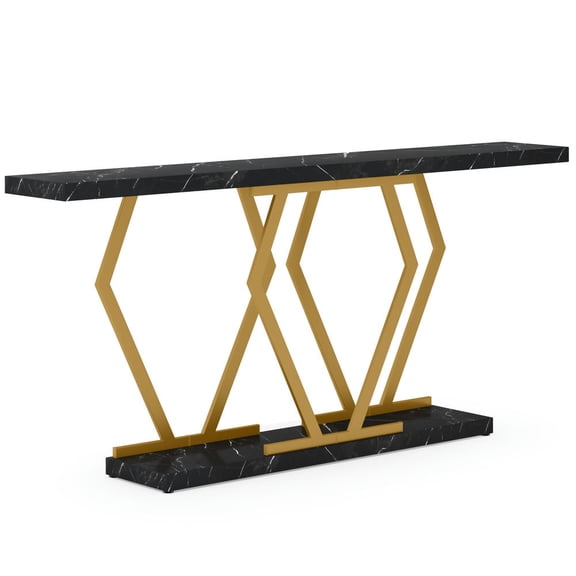 Spaco 70.9" Console Table, Modern Sofa Table with Faux Marble Tabletop, Console Table for Indoor as Home, Living Room, Faux Marble Black & Gold