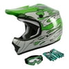 TCMT DOT Helmet for Kids & Youth Green Flame with Goggles & Gloves for Atv Mx Motocross Offroad Street Dirt Bike L Size