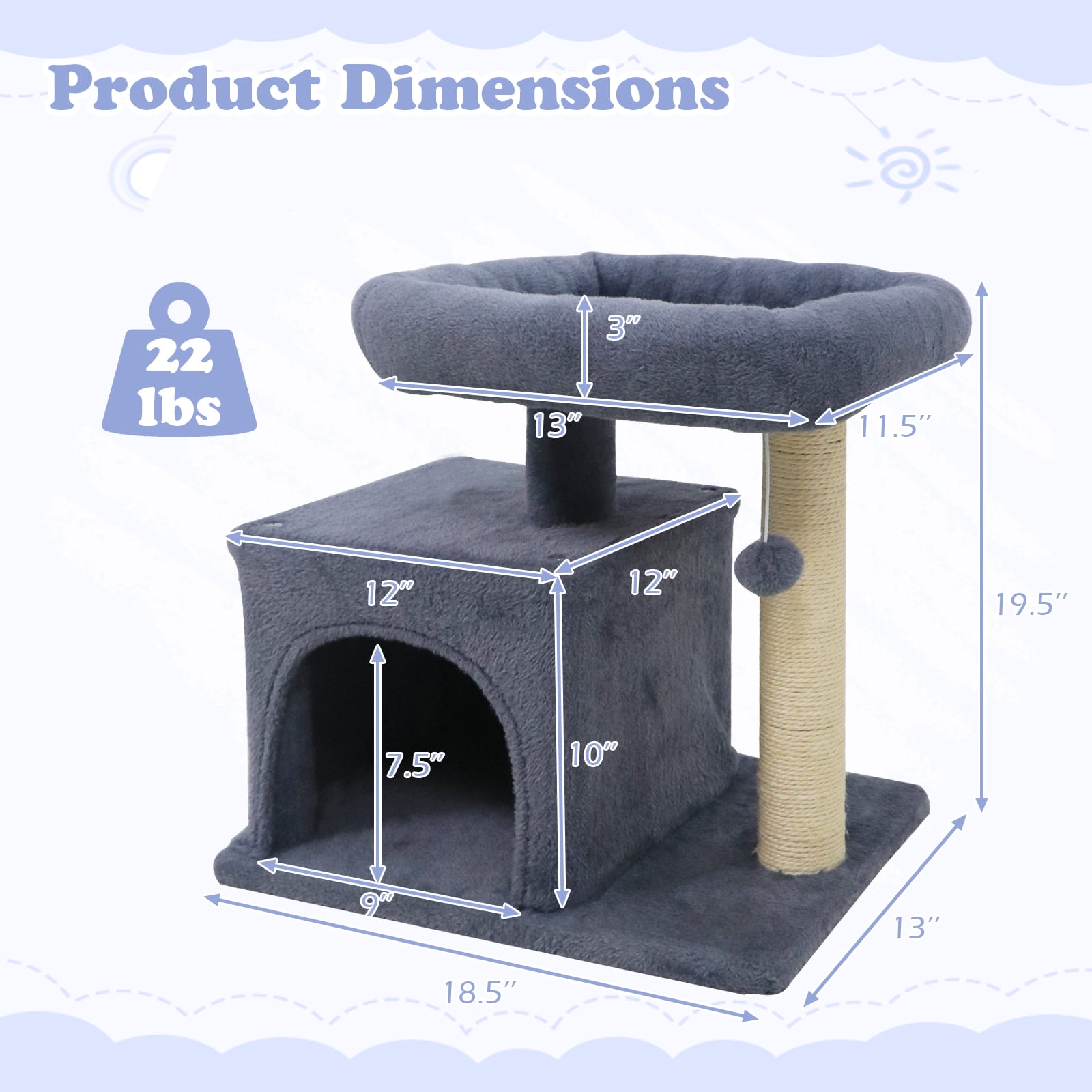 Gymax 19.5'' Small Cat Tree w/Large Padded Plush Perch Condo Sisal Scratching Posts Dark Grey