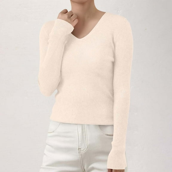 Women's V-Neck Ribbed Knit Pullover Sweater, Slim Fit Soft Stretchable Top for Fall Winter, Comfortable Casual Daily Wear, Versatile Layering Piece for Various Occasions Beige L