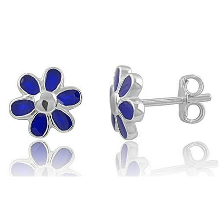 8 Mm Daisy - Sterling Silver Blue Daisy Flower Stud Earrings - 8mm