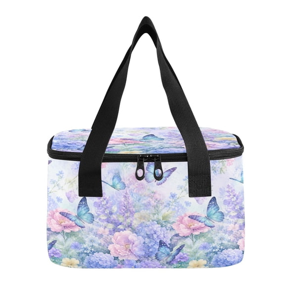 6L Insulated Lunch Bag Square Handheld Cooler Tote Delicate Blue Butterfly Artwork Reusable Thermal Bag with Polyester & Aluminum Lining for Work Picnic Travel