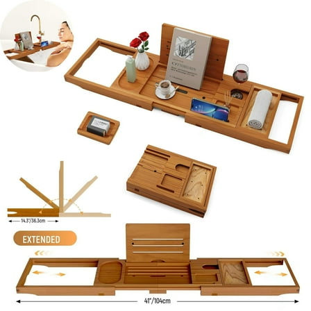 YMWVH Bamboo Bathtub Tray Caddy, Expandable 28.5"-40" Non-Slip Bath Tray, Housewarming & Wedding