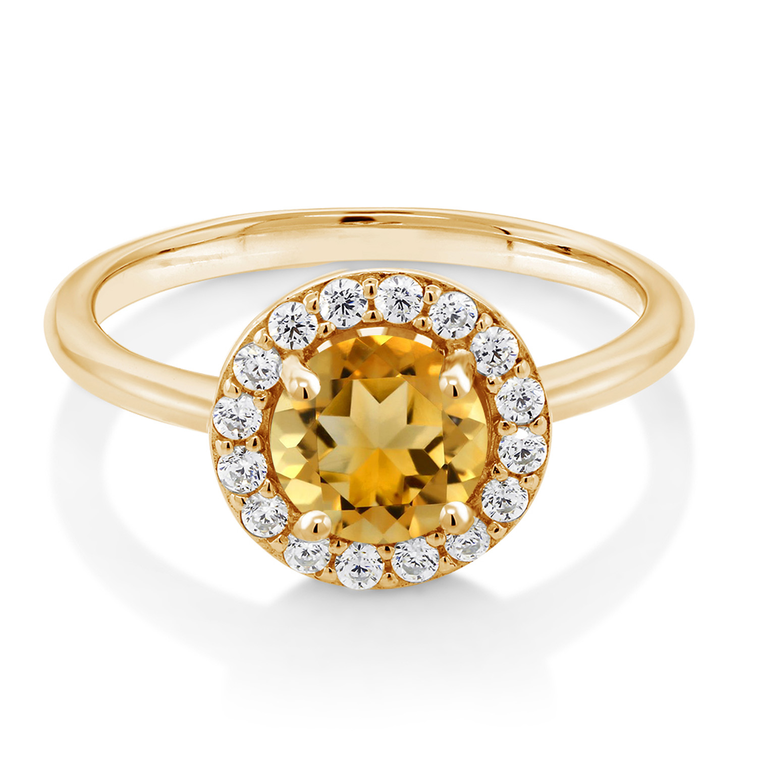 Gem Stone King 18K Yellow Gold Plated Silver Yellow Citrine and White Moissanite Halo Engagement Ring for Women (1.43 Cttw, Gemstone November Birthstone, Round 7MM, Size 7)