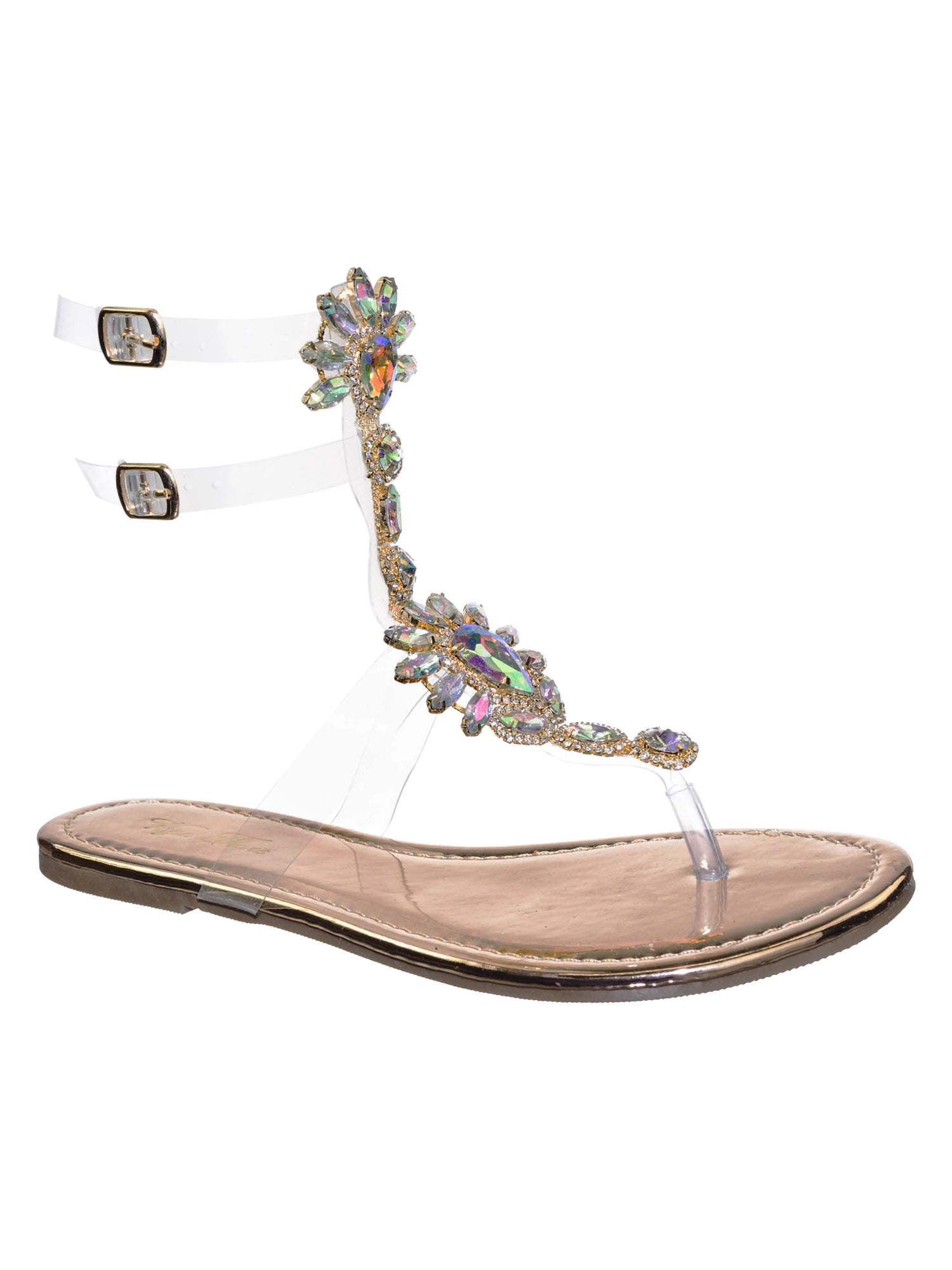 Vigo Fiore - Marlo9 by Vigo Fiore, Lucite Clear Transparent Iridescent Flat Sandal w Rhinestone 
