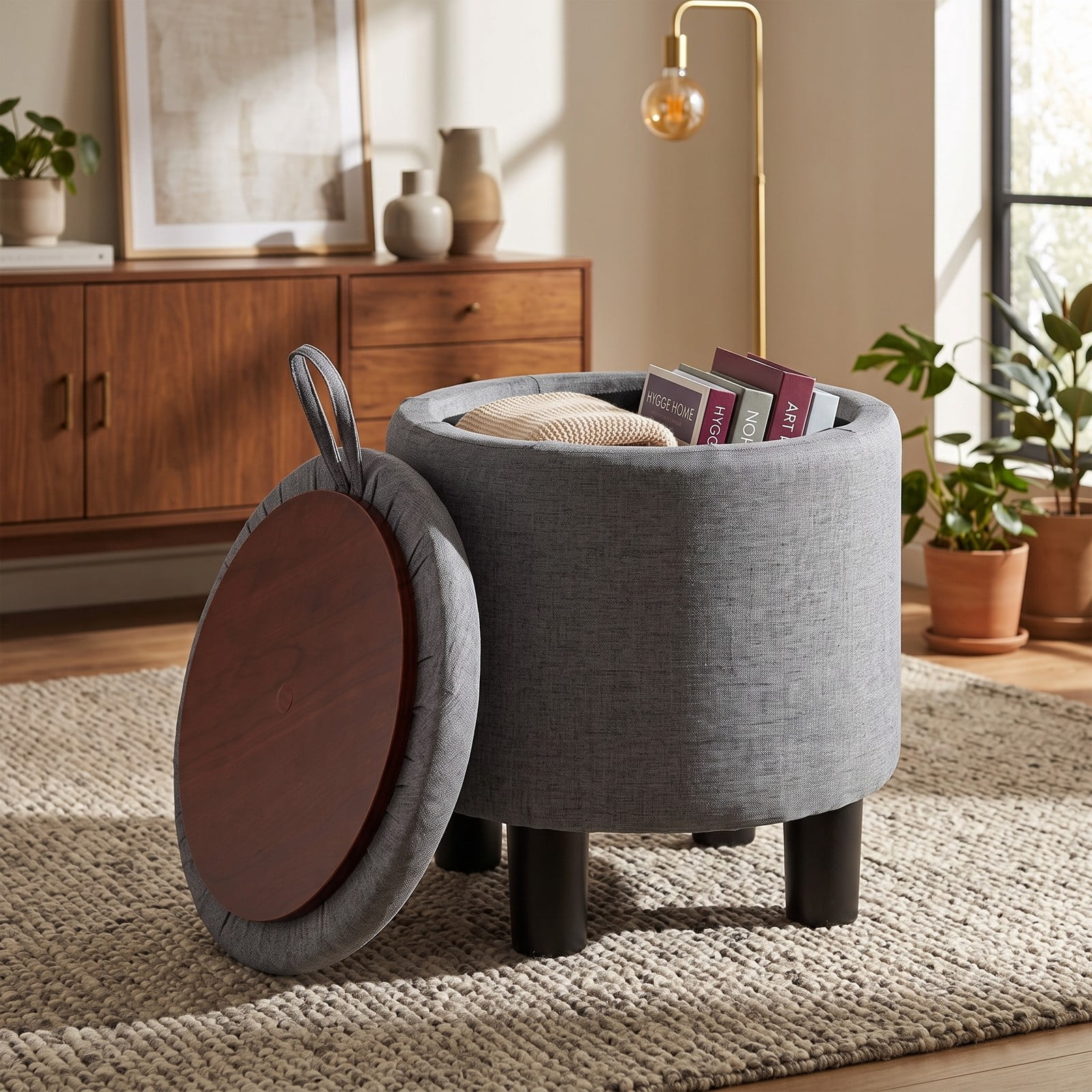 Furnibear Round Storage Ottoman, Linen Fabric Upholstered Footrest Stool with Reversible Lid, Padded Storage Bench Vanity Seat Side Table for Living Room Bedroom, Gray