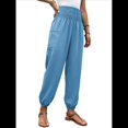 thumbnail image 3 of Pantalones de Trabajo Bohemios de Verano para Mujer, Informales, Plisados, Elásticos, de Cintura Alta, Anchos y con Bolsillos. Azul S, 3 of 9