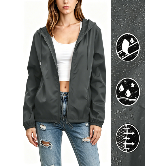 Busydd Windbreaker Jacket Women Trendy Lightweight Solid Colors Long Sleeve Waterproof Zip Up Hoodie with Adjustable Drawstring and Pockets L
