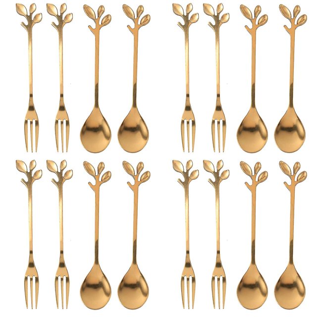 Vajilla Cuchara de café de hoja dorada Compatible con bizcocho, paquete de 16 (8 cucharas, 8 bizcochos compatibles), Cuchara pequeña de café expreso y aperitivo