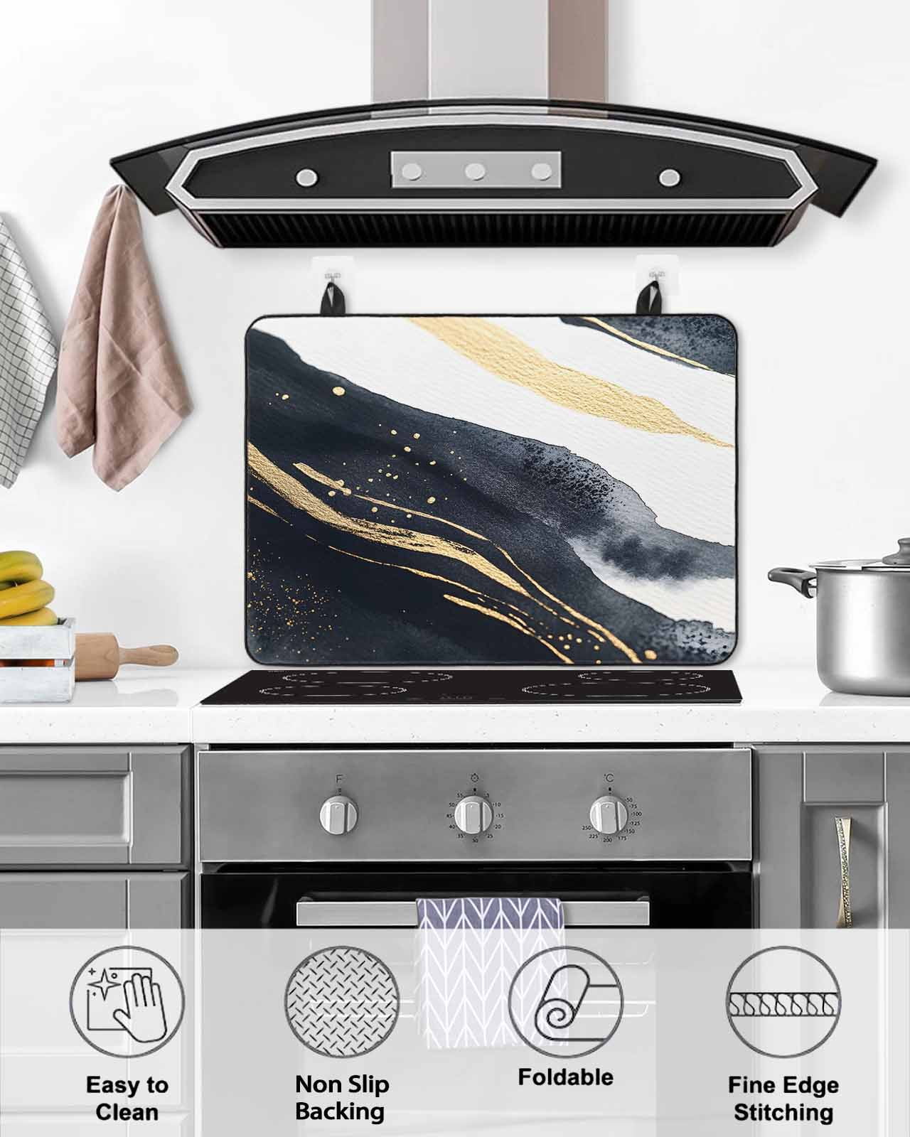 nqOlkjepod Large Induction Cooktop Protector Mat 24"x21", Marble Stove Top Covers for Electric Stove, Black Navy Blue Gold White Modern Luxury Stove Burner Cover Mats, Glass Top Stove Cover