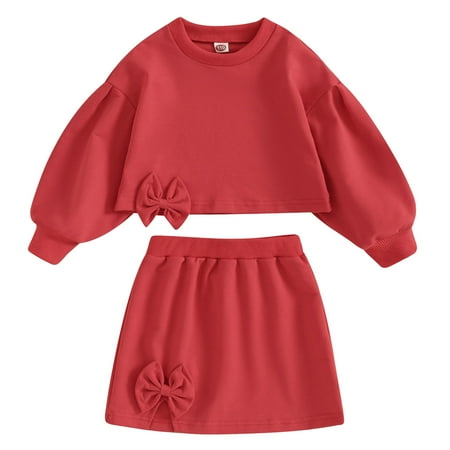 

XJDJHC Baby Girls Clothes Outfit Toddler Girls Winter Long Sleeve Solid Color Bowknot Red Tops Skirt 2PCS Outfits Clothes Set Fashion Streetwear 5-6 Years