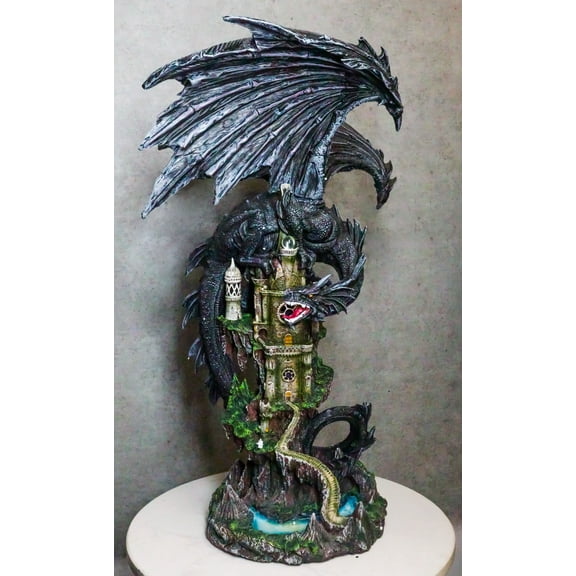 Ebros Large 23.5" Tall Black Dragon Guarding Castle Atop A Rocky Cliff Statue
