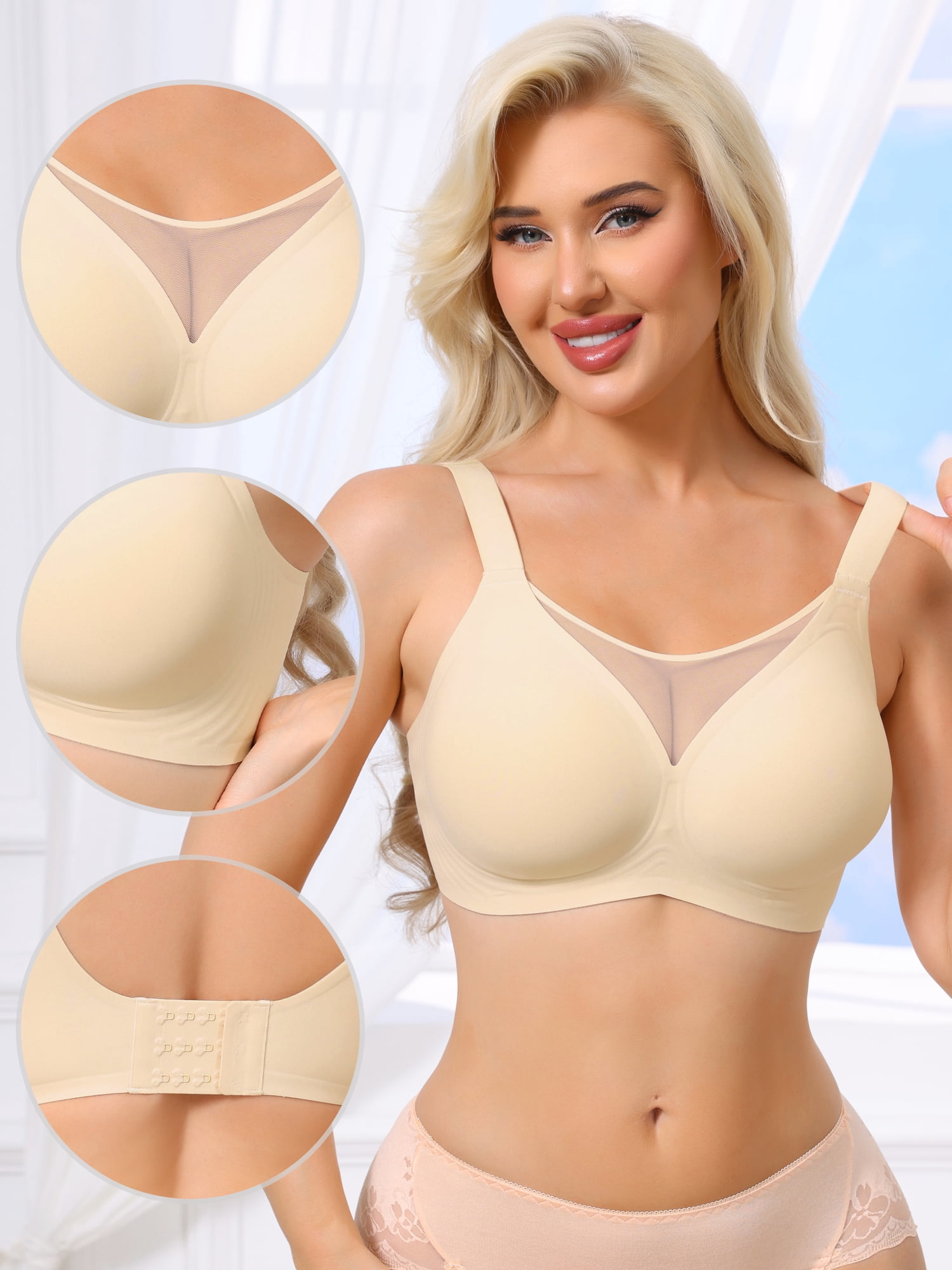 DARING DIVA Women's Mesh V-Neck Wirefree Seamless Soft Bras M Beige