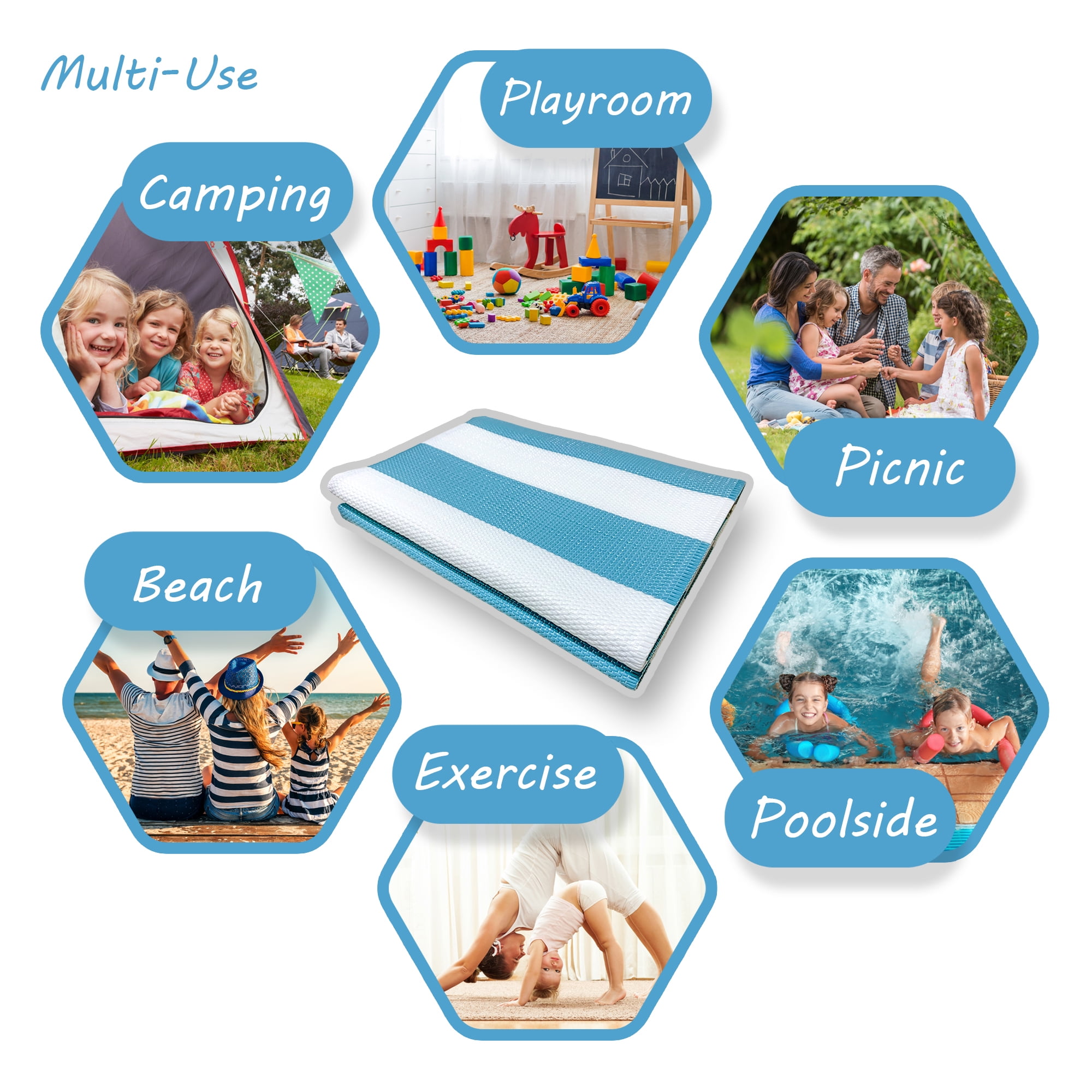 Luna Contemporary Stripe Aqua and White Polypropylene Reversible Plastic Straw Outdoor Area Rug, 5' x 6'11'' Rectangle