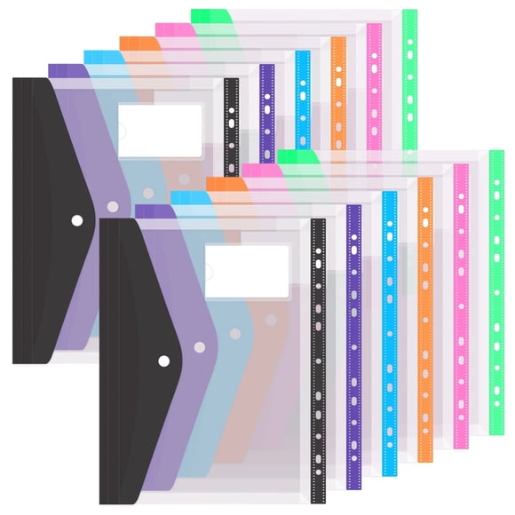 12 Pack Plastic Envelope Document Folders with Label Pocket for Home Work Office Organization, A4 Letter Size, Binder Pocket Folders, Assorted Colors, Clear Poly Envelopes with Snap Button Closure