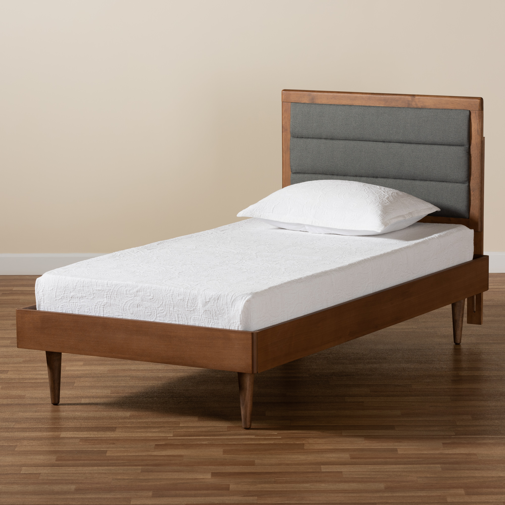 Baxton Studio Seren Mid-Century Modern Dark Grey Fabric Upholstered and Walnut Brown Finished Wood Twin Size Platform Bed