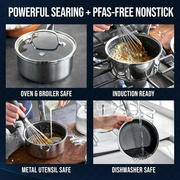 Hybrid Nonstick Stainless Steel Saucepan with Glass Lid, PFAS-Free Ceramic Coating, Dishwasher Safe